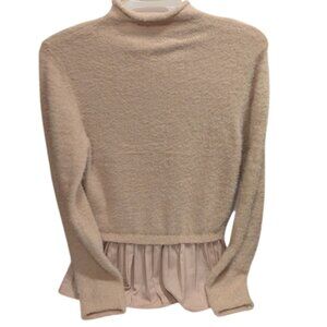 Greige Womens Soft Fuzzy Knit Layered Look Pleated Hemline Sweater Size L NWT